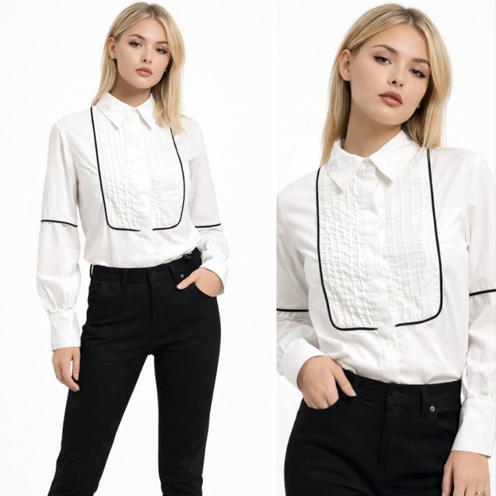 White Long Sleeve Blouse with Black Trim Size Small, Classic Chic Style